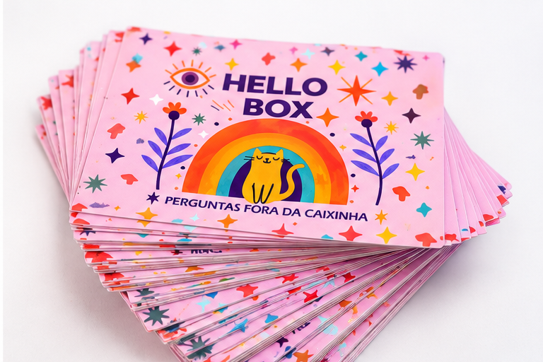 As cartas coloridas da Hello Box abertas em leque