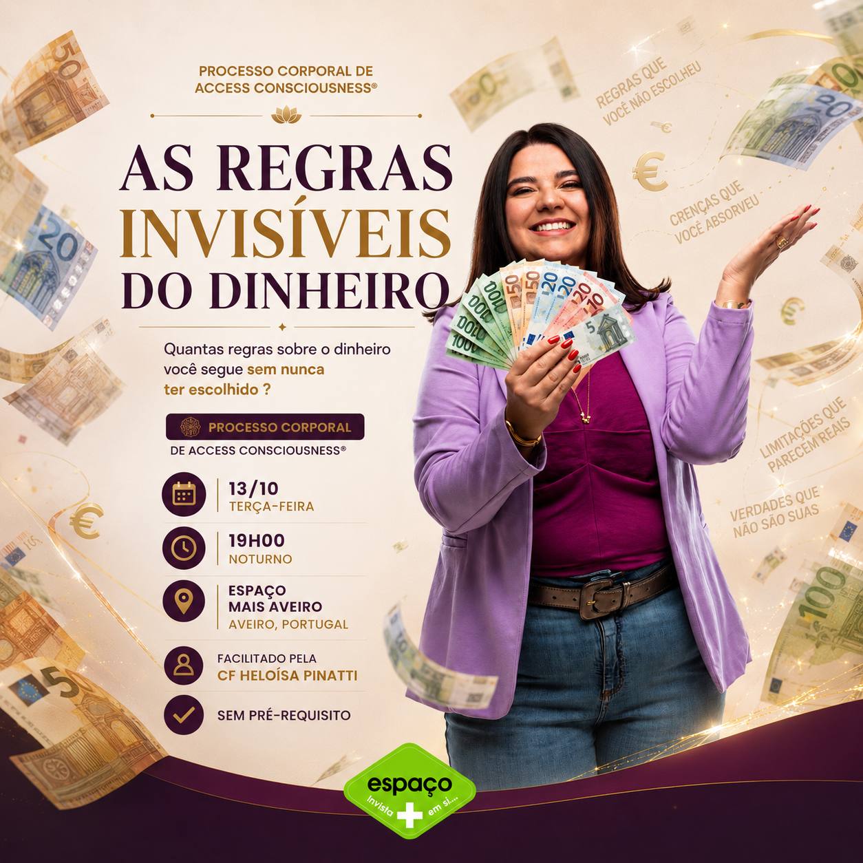 Arte original da classe AS REGRAS INVISÍVEIS DO DINHEIRO com Heloísa Pinatti em Aveiro